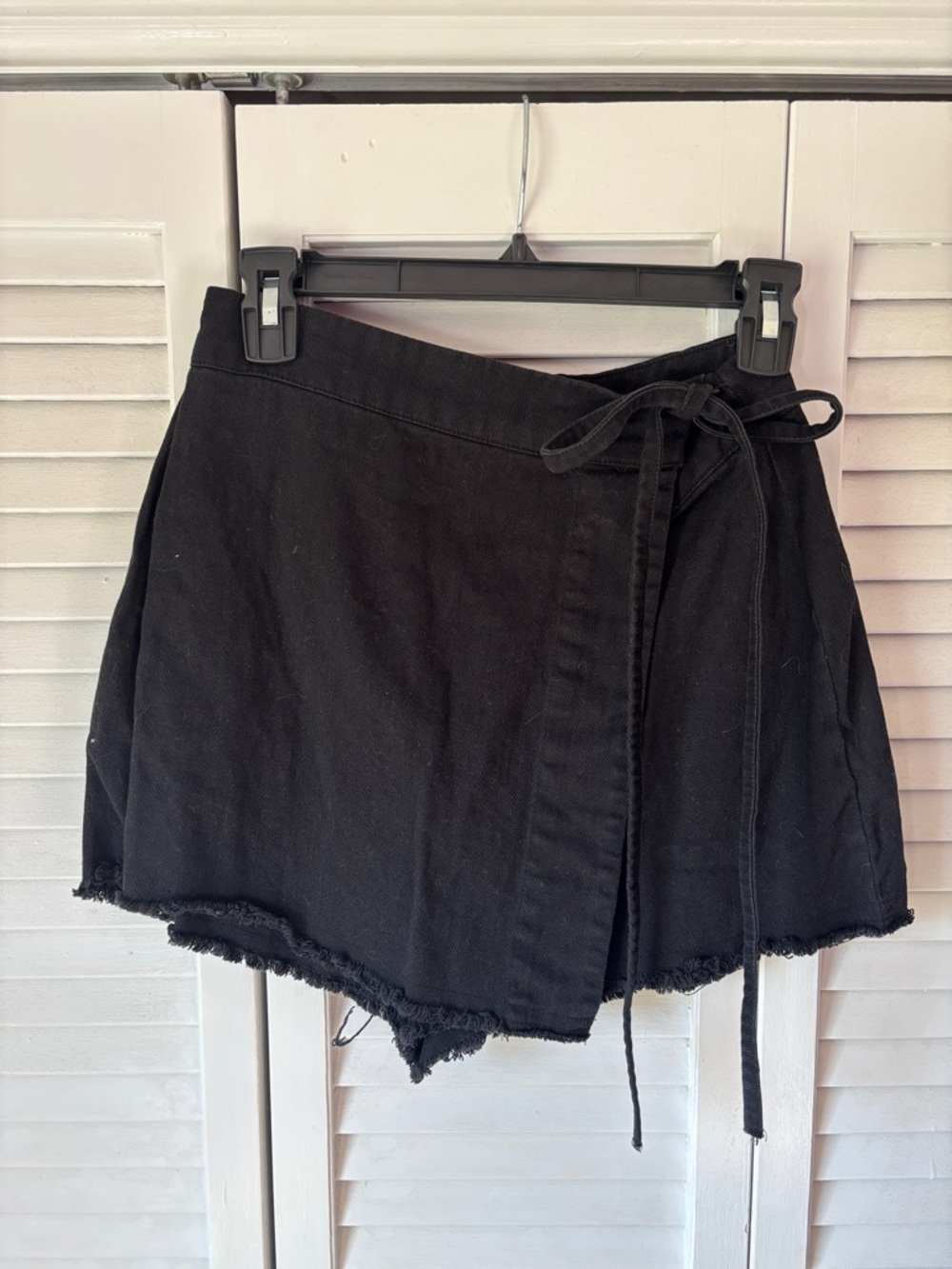 Black Wrap Mini Skort with Frayed Hem